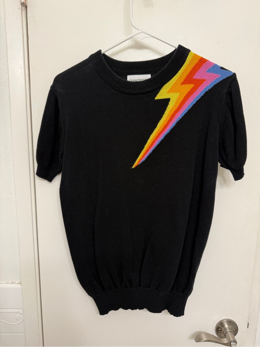 OXKnit Black Short-Sleeve Sweater Top with Rainbow Lightning Bolt - Picture 2 of 4